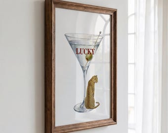 Décoration murale Lucky Martini, aquarelle léopard et cocktail olive, décoration de bar minimaliste et neutre, affiche chic et maximaliste, SANS CADRE