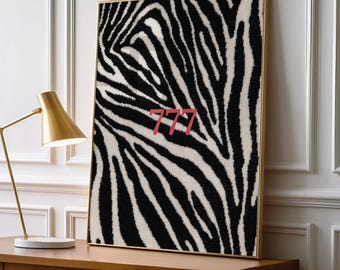 777 Number Wall Art, Pink Numerology Typography on Black and White Zebra Print, Bold Maximalist Animal Pattern Decor, UNFRAMED