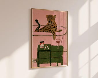 Leopard Pink Aesthetic  Painting Wall Art, Pink Vintage Lounge with Green Sofa, Retro Decor, Eclectic Living Room Poster, Unframed