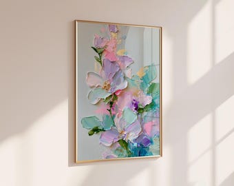Peut inclure: Une peinture murale verticale encadrée représentant des fleurs en relief avec une technique d'empâtement. L'œuvre présente des coups de pinceau superposés dans des tons de lavande, rose pâle, vert menthe et blanc, formant un bouquet abstrait.