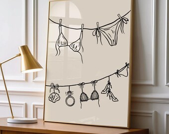 Bikini and Bow Wall Art, Minimalist Black Line Drawing, Shell and Ring Illustration, Chic Feminine Beach House Decor, UNFRAMED
