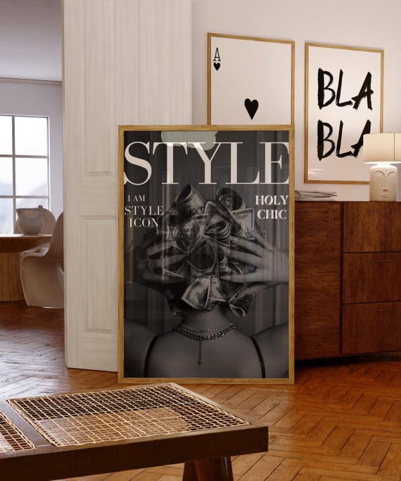 Fashion Wall Art Money Collage Poster Black White Editorial Print Holy Chic Typography Luxury Glam Decor Unframed