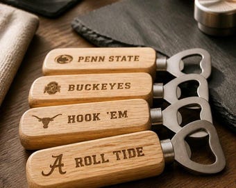 college logo wood handle bottle opener