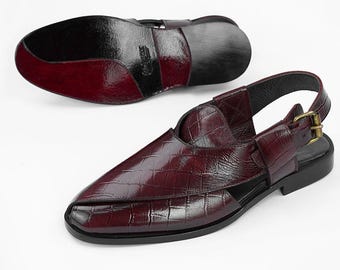 Sandalias de cuero para hombre - Zapatos de tiras con estampado de serpiente en color burdeos hechos a mano - Cuero genuino