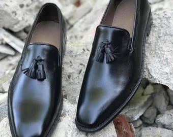 Mocasines con borlas de piel negra hechos a mano para hombre – Zapatos de vestir sin cordones de piel auténtica