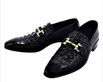 Mocasines de piel negra con textura de cocodrilo hechos a mano: Zapatos de vestir formales para hombre