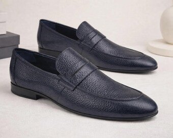 Men's Navy Leather Loafers, Handmade Slip-On Dress Shoes, Formal Wedding Office