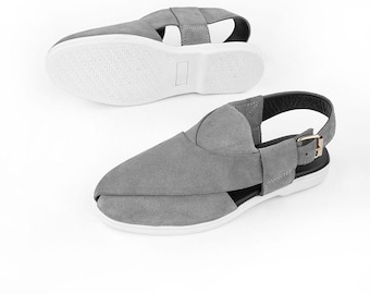 Peshawari Chappal de cuero de ante gris hecho a mano: sandalias auténticas para hombre