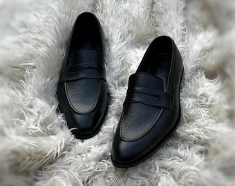 Mocassini da uomo in pelle nera fatti a mano / Mocassini classici con cinturino / Scarpe eleganti slip-on formali e casual