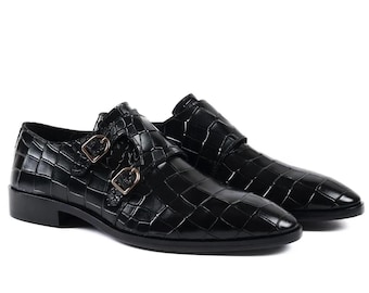 Zapatos de piel de cocodrilo hechos a mano con doble hebilla: Ropa formal de lujo