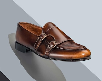 Handmade Brown Leather Double Monk Strap Loafers: Men's Dress Shoes