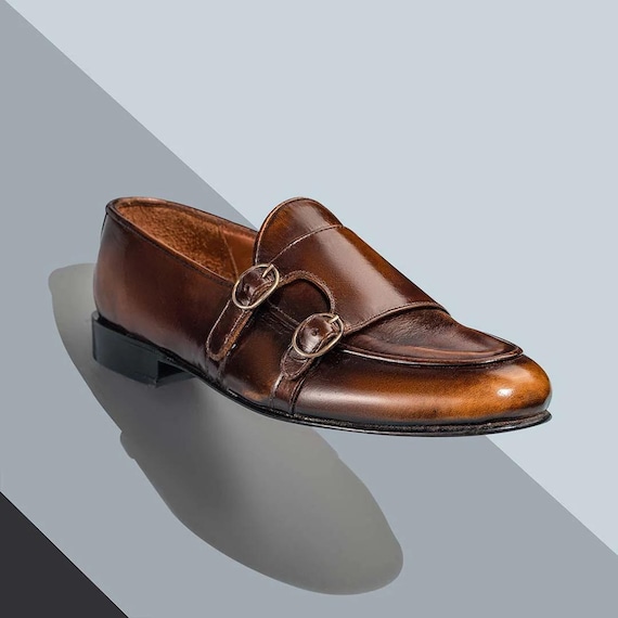 Handmade Brown Leather Double Monk Strap Loafers: Men's Dress Shoes