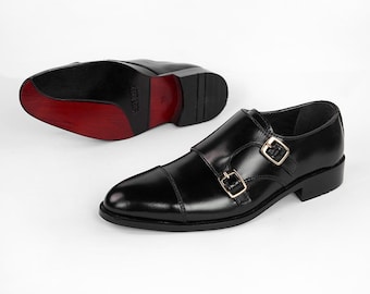 Mocasines de cuero negro con doble hebilla para hombre - Zapatos de vestir sin cordones hechos a mano