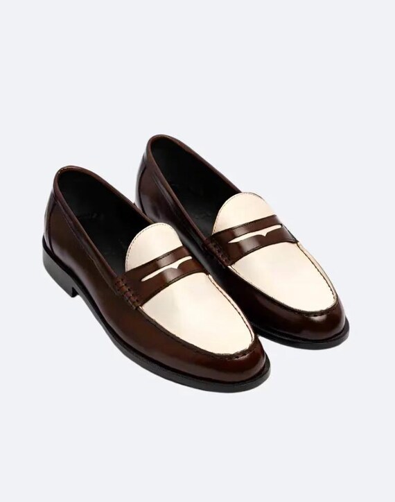 Handmade Two-Tone Leather Penny Loafers – Brown & Ivory Men’s Dress Shoes