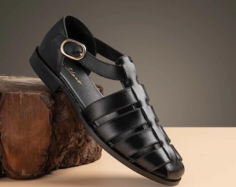 Sandalias de pescador de cuero negro hechas a mano / Sandalias casuales de verano para hombre con hebilla