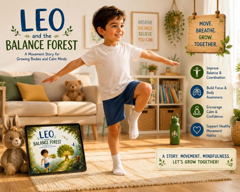 May include: A young boy balances on one leg, arms outstretched, in a room with a book titled "Leo and the Balance Forest." The book cover shows a boy on a path. Text on the image includes "A Movement Story for Growing Bodies and Calm Minds."