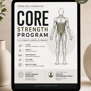 May include: A digital tablet displays a "Core Strength Program" with text and a human anatomy illustration. The program includes levels, warm-up, core workouts, cool down, and a monthly planner. The tablet has a black frame and the text "Instant Download Print at Home".