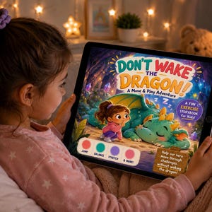 May include: A young girl reads a tablet displaying a colorful children's storybook titled "Don't Wake the Dragon!" The cover features a cartoon girl and a sleeping green dragon. The book is described as a fun exercise storybook for kids.