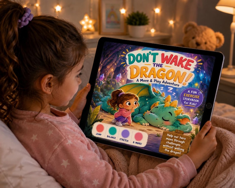 May include: A young girl reads a tablet displaying a colorful children's storybook titled "Don't Wake the Dragon!" The cover features a cartoon girl and a sleeping green dragon. The book is described as a fun exercise storybook for kids.
