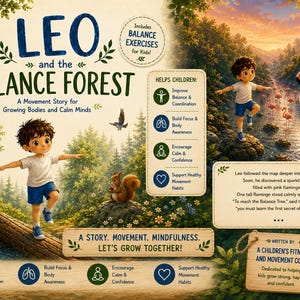 May include: Illustration of a children's book cover titled "LEO and the Balance Forest." The image features a young boy balancing on a log, with text indicating the book is for ages 4-7. The cover promotes balance exercises and movement.