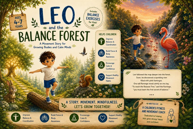 May include: Illustration of a children's book cover titled "LEO and the Balance Forest." The image features a young boy balancing on a log, with text indicating the book is for ages 4-7. The cover promotes balance exercises and movement.