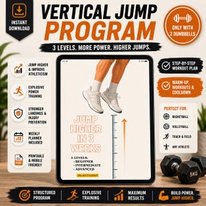 May include: Digital fitness program advertisement. The image shows a tablet displaying a workout plan with text that reads "Vertical Jump Program." The program promises to help users jump higher in 3 weeks. Includes dumbbells and text: "Only with 2 Dumbbells."