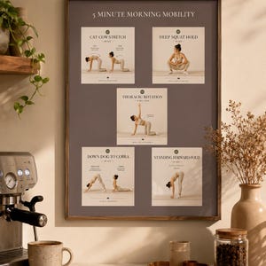 Poster för 5-minuters morgonrutin för mobilitet | Yoga- och pilatesinspirerad wellnesskonst (digital nedladdning)
