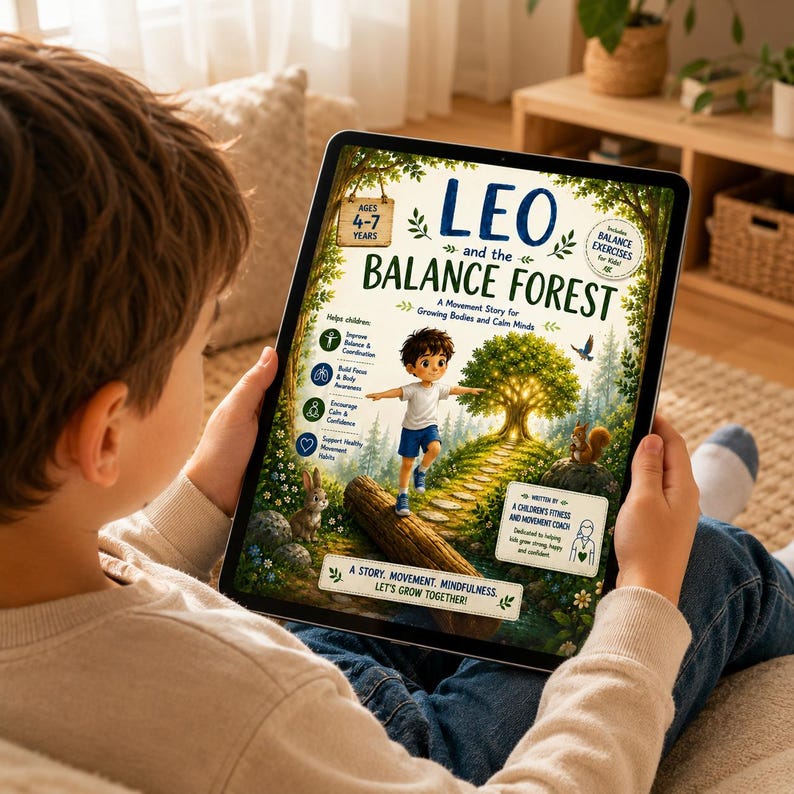 May include: A child holds a tablet displaying the cover of "LEO and the Balance Forest," a children's book. The cover art features a cartoon boy balancing on a log in a forest setting, with text indicating the book is for ages 4-7 and promotes movement and mindfulness.