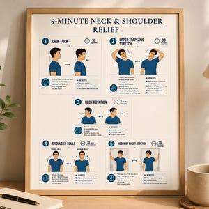 Op de afbeelding: Een ingelijste instructieposter getiteld 5-MINUTE NECK & SHOULDER RELIEF, met vijf genummerde oefenschema's met illustraties van een persoon in een blauw shirt die nek- en schouderoefeningen, stretches en rotaties demonstreert.