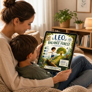 May include: A person and a child are looking at a tablet displaying the cover of a children's book titled "Leo and the Balance Forest." The cover art features a cartoon boy balancing on a log in a forest setting. The book is for ages 4-7.
