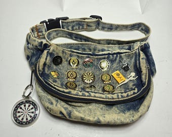 Vintage Fanny Pack Bum Belt Bag 80s Acid Wash Denim Cricket Mark Pins Dart