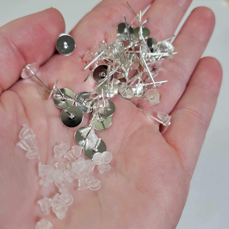 500pcs Silver Plated Earring Posts with 8mm Pad & Stoppers - Wholesale Earring Finding, Wholesale Supplies, Bulk, DIY, Shipped from USA - E4 image 2