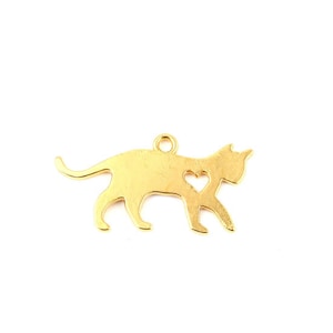 2pc Gold Plated Cat with Heart Pendant - 30x16mm - Cat Lover Kitten Animal DIY Necklace Jewelry Making Supplies Finding Ships from USA - A36