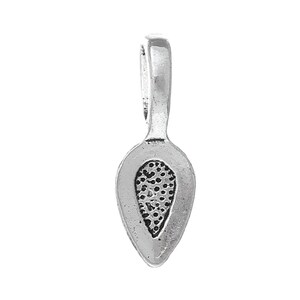 May include: Silver teardrop shaped pendant bail with a decorative openwork design. The bail has a loop at the top for attaching a chain or cord.