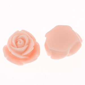 May include: Two pale pink resin rose flower embellishments. The rose on the left is a 3D sculpted rose with a detailed center. The rose on the right is a flat, stylized rose.
