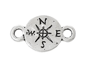 5pc Antique Silver Compass Connector - 16x9mm - Jewelry Finding, Nature Charm Pendant, NSEW, Hiking, Trail Adventure, Ships from USA - N33