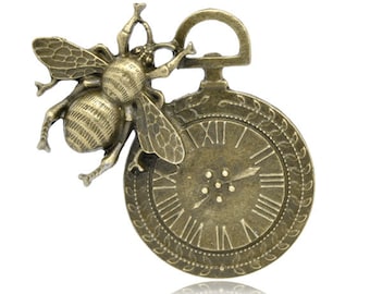 1pc Antique Bronze Bee & Clock Pendant - 42x42mm - Ships from the USA, Necklace Pendant, DIY, Charm, Bee Pendant, Charm, Bronze Charm - A15