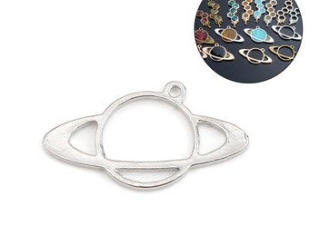 2pc Silver Plated Saturn Planet Pendant - 38x21mm - Galaxy DIY Necklace, Open Bezel Jewelry Making Supplies Finding, Ships from USA - O98