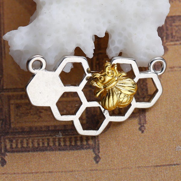 2pc Silver Plated Honeycomb With Bee Charm - 25x14mm - Honey, DIY Necklace, Jewelry Making Supplies, Jewelry Finding, Ships from USA -N47
