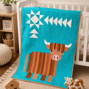 May include: A bright turquoise quilt featuring a brown Highland cow graphic with white horns and a pink nose. The top section displays a white geometric star and triangle pattern. The quilt is finished with a tan border and has a quilted texture.