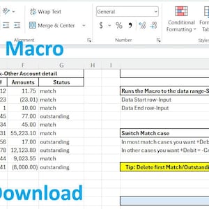 May include: Screenshot of an Excel spreadsheet titled "Excel Matching Macro." The spreadsheet displays financial data with columns for transaction numbers, amounts, and status. Text at the bottom reads "Instant Digital Download."