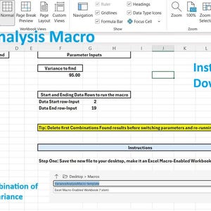 Puede incluir: Captura de pantalla de una hoja de cálculo de Excel titulada "Variance Analysis Macro". La hoja de cálculo incluye datos, entradas de parámetros e instrucciones. El texto de la imagen dice "Descarga digital instantánea."