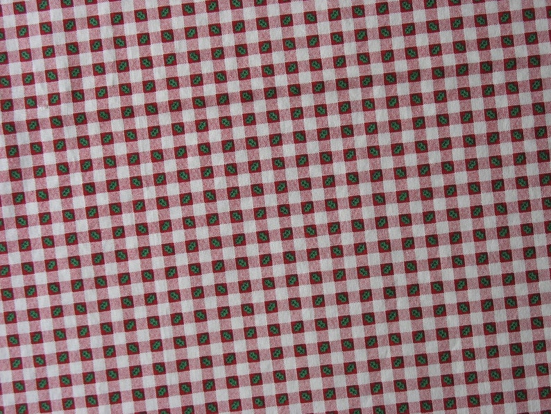 Christmas Cotton Quilt Fabric Red Check Gingham with Green Holly Leaves Holiday Fabric 2 Yards HCF0236 image 1