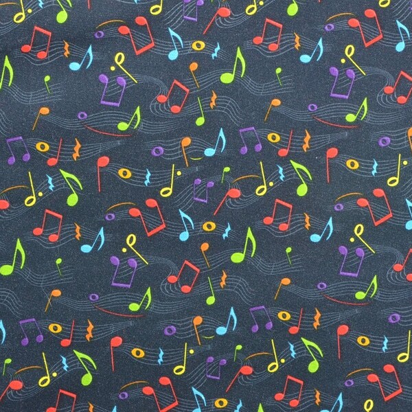 Cotton Quilting Fabric, Sewing Fabric, Music Fabric, Musical Notes, Dark Navy Fabric, Black Fabric Remnant - 1 Yard 15" - CFL2416