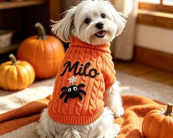 Custom Halloween Pet Sweater with Name, Cat Dog Name Spider Jumper, Handmade Puppy Supplies, Doggy Festival Dress Up, Dog Lover's Gift