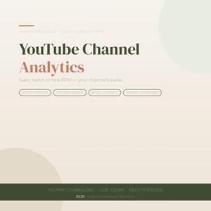 Può includere: Una grafica digitale con il testo "YouTube Channel Analytics" in verde scuro e corallo. L'immagine include anche le frasi "Auto Formulas", "Live Dashboard", "Excel + GSheets" e "Instant Download".