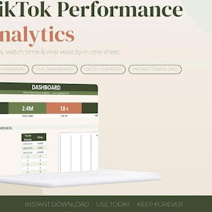Può includere: Grafica digitale per "TikTok Performance Analytics", con un laptop che mostra analisi dei dati. Include le parole "Download istantaneo" e "Usa oggi".