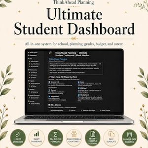 Könnte beinhalten: Ein Laptop mit dem "Ultimate Student Dashboard" von ThinkAhead Planning. Der Bildschirm zeigt ein Planungssystem für Schule, Noten und Budget. Symbole darunter weisen auf verknüpfte Datenbanken, Formeln und Beispieldaten hin. Das Design umfasst florale Elemente.