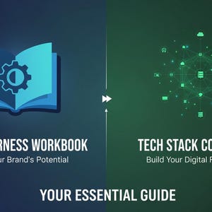 Könnte beinhalten: Bild mit geteiltem Hintergrund, links blau und rechts grün. Die linke Seite zeigt ein Buch mit einem Zahnradsymbol, den Text "BRAND HARNESS WORKBOOK" und "Unlock Your Brand's Potential". Die rechte Seite zeigt eine Netzwerk Grafik und den Text "TECH STACK COMPANION" und "Build Your Digital Foundation". Der Text "YOUR ESSENTIAL GUIDE" befindet sich unten.