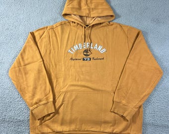 Timberland Hoodie Men's L Mustard Yellow Graphic Logo Pullover Fleece Vintage